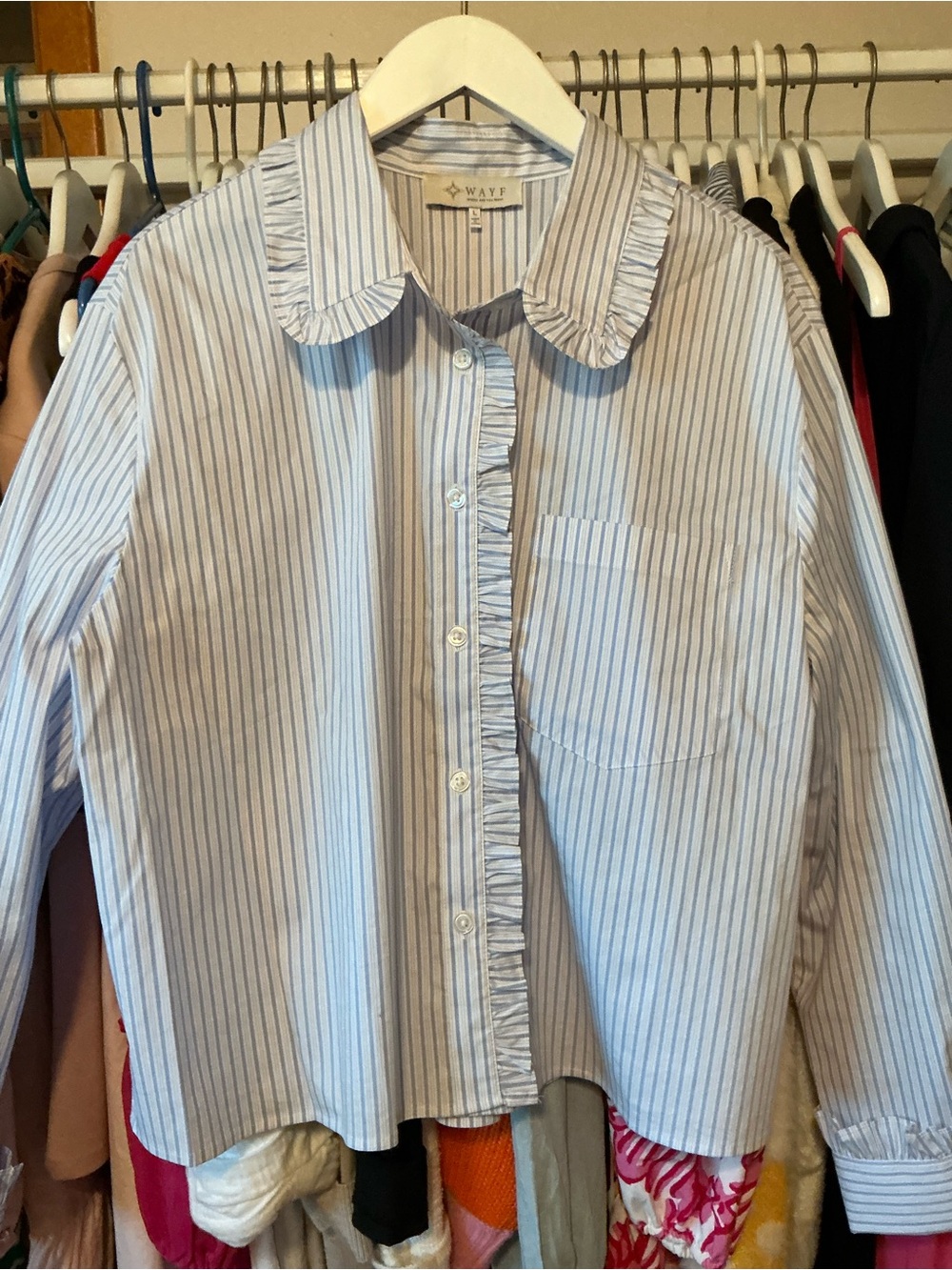 Wayf Blue & White Striped Ruffle-Trim cropped Button-Down Shirt size large